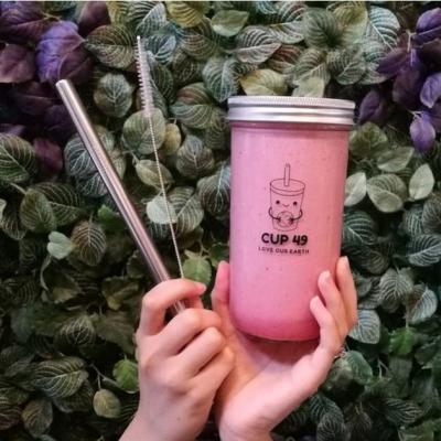 중국 16OZ Reusable Bubble Tea Cup Smoothies Cup Glass Tumbler With Bamboo/Aluminum Lid Glass Empty Boba Tea Cup with Straw 판매용