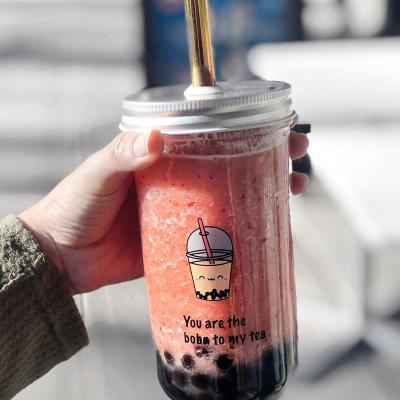 China 500ml 700ml Reusable Wide Mouth Glass Bubble Tea Smoothie Mason Jar Boba Cup with Bamboo Lid and Straw for sale