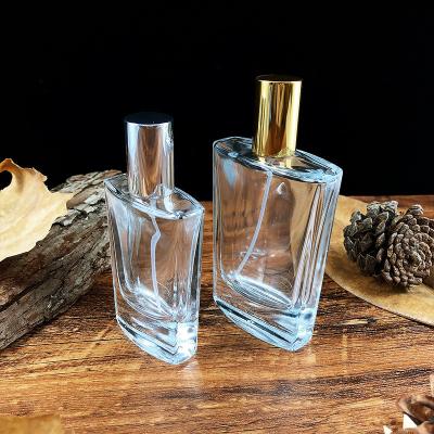 China Wholesale unique shape custom made flat square glass perfume bottle 30ml 50ml with Aluminum spray atomizer for sale