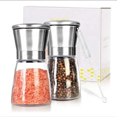 China 180ml 200ml Premium Glass Salt and Pepper Grinder Set Stainless Steel Refillable Salt Pepper Shakers With Brush for sale