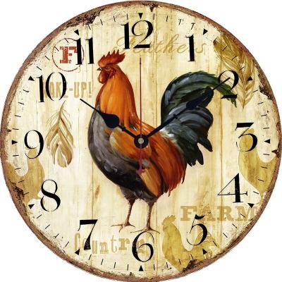 China 13 Inch Retro Classic Cheap Wooden Rooster Promotional American Style MDF Style Antique Wall Clock For Farmhouse Living Room Decoration for sale