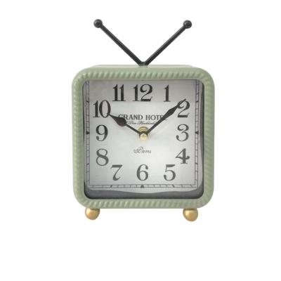 China Hot Sale Antique Style Custom Design Decorative Metal TV Shape Antique Vintage Desk Design Clock Desk Table Alarm Clock for sale