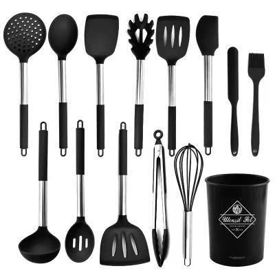 China Sustainable 14PCS Red Silicone Kitchen Utensil Set Silicone Cookware Set Non Heat Resistant Stick BPA Free With Holder for sale