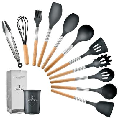 China Viable Factory 12 Pcs Kitchen Utensils Set With Holder And Color Box Stainless Steel Tube Silicone Kitchen Utensils Cooking Set for sale