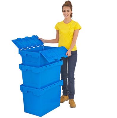 China Feature China Moving Stackable Plastic Tied Lid Tote Box for sale