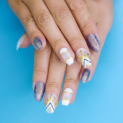 China New design charm 3D nails shiny blue and white nails for sale