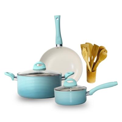 China Amazon hot sale new design blue gradient nonstick cookware sets ceramic coating interior pots and pans for sale