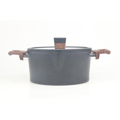 China Nonstick Aluminum Cookware Marble Coated Casserole With Wooden Handle Glass Lid for sale