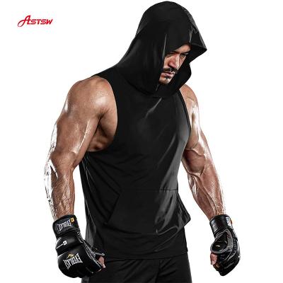 China Men's Gym Training Hoodies Workout Tank Top Bodybuilding Breathable Sleeveless Dry Hooded Muscle Cut T-Shirt for sale