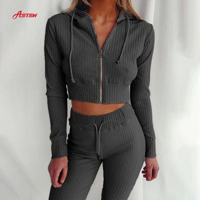 China Women Viable 2 Piece Fitness Set Fashion Tracksuits Zipper Bustier Hoodie Set Ultimate Sweater Hood Crop Top Sport Pants for sale