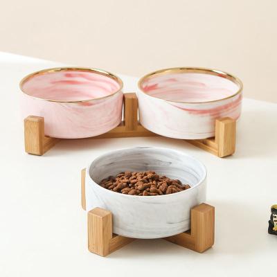 China Phnom Penh Cat Neck Bowl Marbled Double Auto Bowls Ceramic Cat Bowls With Wooden Frame for sale