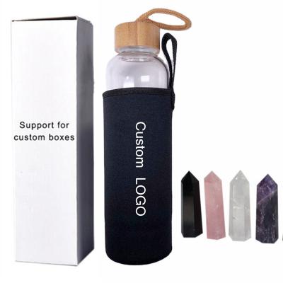 China High Quality Viable Borosilicate Glass Water Bottle Bamboo Crystal Stone Stone Gemstone Bottles Infused Water Bottle for sale