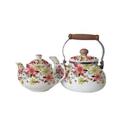 China Sustainable Hot Sale Persian Enamel Portable Patterned Tea Kettle With Wooden Handle for sale