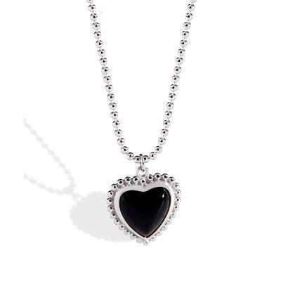 China FASHIONABLE Wholesale Black Onyx Heart Long Necklace 925 Sterling Silver Beaded Necklace For Women for sale