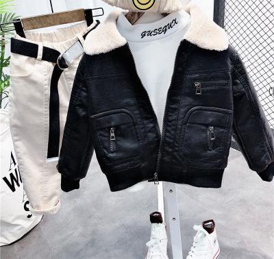 China 2022 Windproof New Children's Outwear Fashion College Boys Leather Jacket Black Faux Fur And PU Leather Jackets For Kids for sale