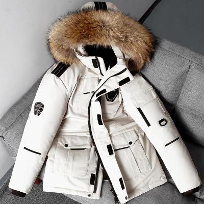 China Breathable Men's Winter Down Jacket Waterproof Male Duck Down Anorak Men Parka Jacket Mid Long Fur Hooded Warm White Detachable Collar Coat for sale