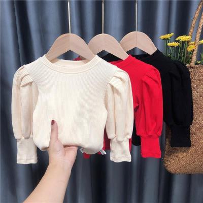 China 2021 Breathable Custom Toddler Baby Girls Sweater Tops Spring Autumn Long Puff Sleeve Knitted Kids Sweater Children's Clothes For Girl for sale