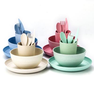 China 29pcs Eco-friendly Biodegradable Sustainable 1 Box Dinnerware Set Wheat Straw Tableware Bowl Dish and Cup Cutlery Set Set for sale