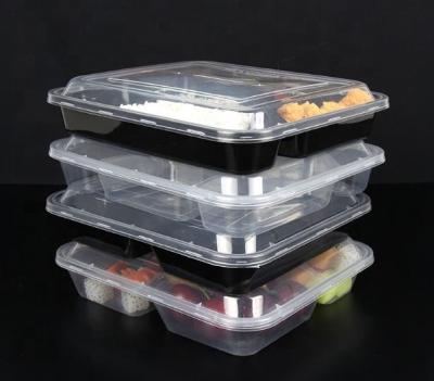 China Black Square Viable Plastic Food Packaging Take Away 3 Compartment Disposable Food Container for sale