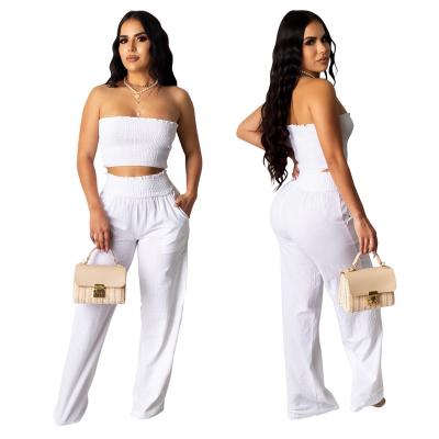 China QUICK DRY Casual Two Piece Set Summer Crop Top Strapless Smocks And Pants Womens 2 Piece Set Outfits for sale