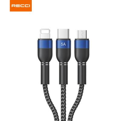 China type-c 5A produced Recci newcomer 1.2m nylon 5a 3 in 1 usb cable fast charging type-c cell phone, iphone, android cell phone for sale