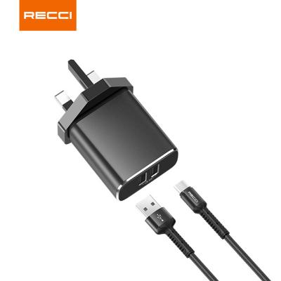 China Recci 3.1A Dual USB Aluminum Alloy EU Plug Home Charger Travel Charger High Quality High Speed ​​Fast Charging Adapter With Cable for sale