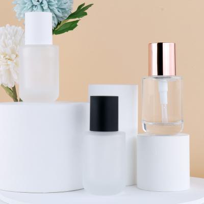 China Factory Personal Care 30ml Empty Cosmetic Supply Frosted Liquid Base Glass Bottle / Container Make Up Packaging With Squeeze Pump for sale