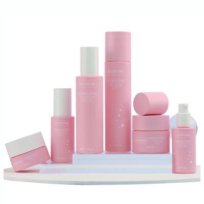 China Personal Care Pink Round Pump Liquid Cosmetic Container 120ml 100ml Frosted Empty Glass Spray Bottles for sale