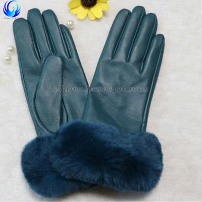 China Super Soft And Warm Funky Genuine Sheepskin Women Hand Leather Gloves With Rabbit Fur Cuff for sale