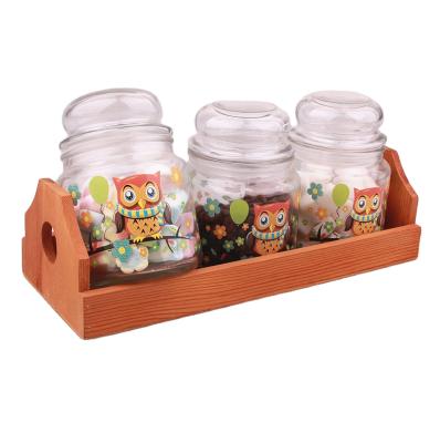 China 2021 Freshness Preservation Glass Jars Storage Jar with Glass Lid and Owl Decal in Wooden Box for Storage and Decoration for sale