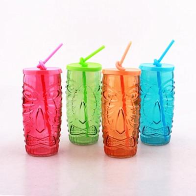 China 500ml Viable Glass Juice And Water Bottle Facebook With Plastic Lid, Plastic Straw And Colorful Spray for sale