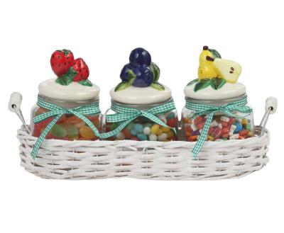 China Professional Glass Freshness Preservation 3pcs 500ml Jar Set With Colorful Fruit Ceramic Lid In Basket for sale