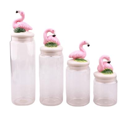 China Modern Storage Glass Jar With Flamingo Lid New Ceramic Lace Design for sale