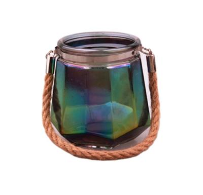 China Heatable diamond shape color painted glass candle holder with ion plating and metal and hemp cord for sale