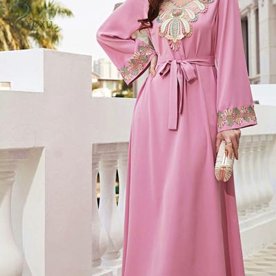 China Polyester Print Ethnic Pattern Long Sleeve Casual Clothing Kaftan Pink Islamic Wedding for sale