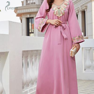 China Ethnic Pattern Middle Eastern Polyester Print Polyester Abaya Pink Casual Long Sleeve Islamic Manufacture for sale