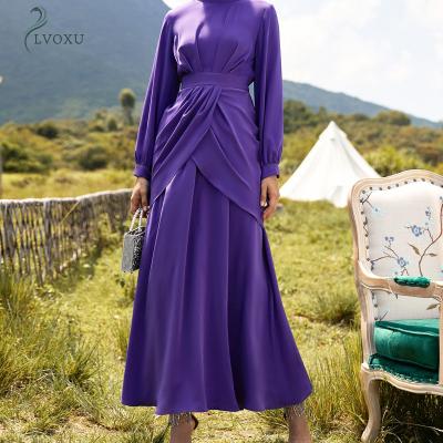 China Polyester Collar Stitching Women Abaya Dubai Long Sleeve Muslim Dresses Elegant Satin for sale