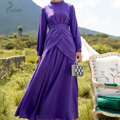 China Polyester Stand Collar Long Sleeve Contrast Double Layer Wrap Loose Muslim Abaya Satin for sale