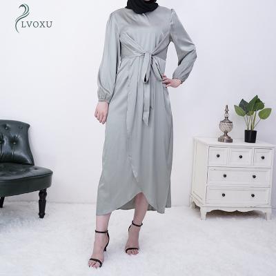 China Other 6345#latest Elegant Style Satin Ruffles Long Sleeve Muslim Women Maxi Casual Dresses Islamic Clothing for sale