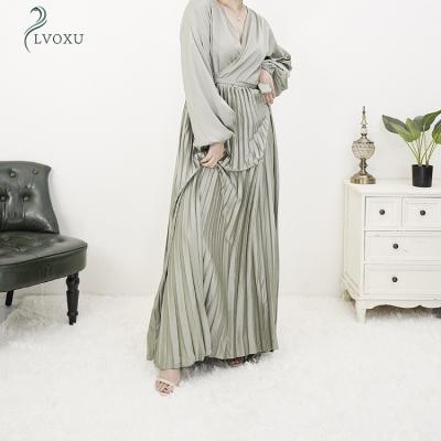 China Other Turkey Pleat 637# Big Edge Long Sleeve Satin Wrap Dress Elegant Muslim Modest Dresses Turkey Light Nudity for sale