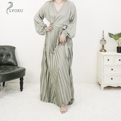 China Other Newest Fashion 637#2020 Satin Pleated Muslim Evening Maxi Casual Dresses Women Islamic Clothing Simple Simple Design for sale