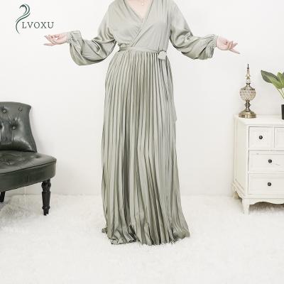 China Other sleeve pleated 637#lantern dress with belt A line pleated long sleeve v-neck satin belted dress for sale