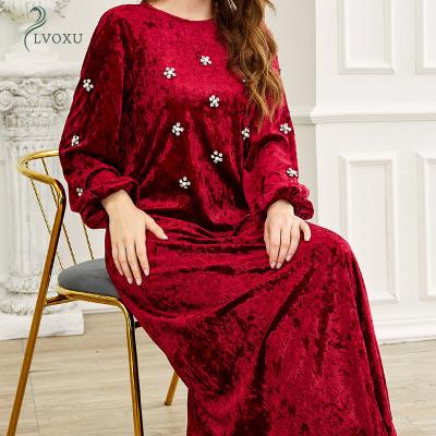 China European and American dark red section polyester diamond velvet fashion clothing Muslims abaya Islamic abaya dress for sale