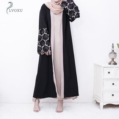 China Others 152# Stretching Embroidery Black Lace Cuff Sleeve Open Abaya Dress With Belt Abayas Daily Islamic Clothing for sale