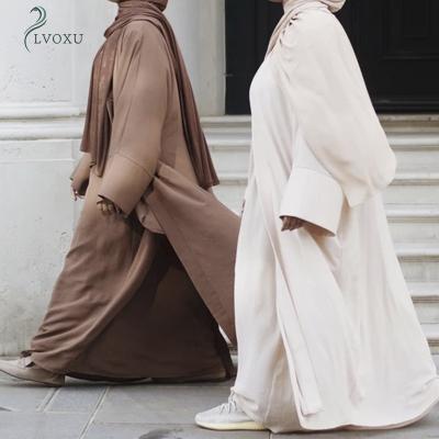 China Polyester Turkey Dubai Solid Color Round Neck Wave Pattern Clothing Muslims Clothing Round Islamic Abaya Dress for sale