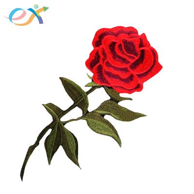 China Viable Custom Design Beautiful Red Rose Cloth Iron Flower Chenille Woven Sequin Embroidery Patches For Apparel for sale