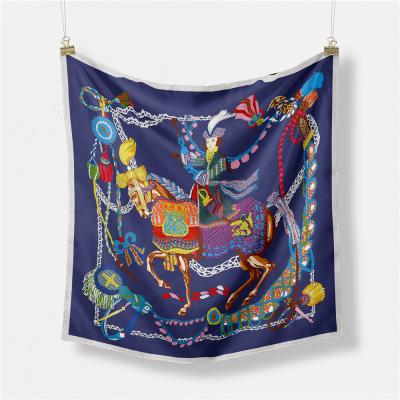 China Hand Rolled Edge/Hand Printing 53CM Twill Silk Scarf Women Horse Aninmals Square Scarves Small Hijab Custom Printing Painting Designer Silk Scarves for sale