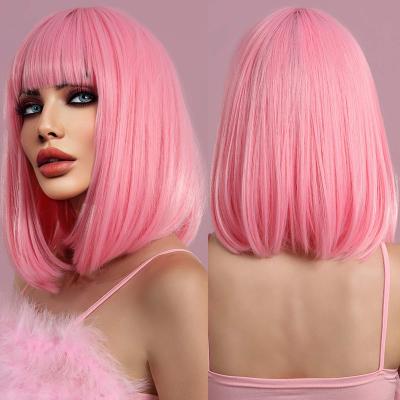 China Short Straight Pink Wig For Woman Party Daily Lolita Wig Natural Synthetic Bob Cosplay Wig With Bangs Heat Resistant Fiber for sale