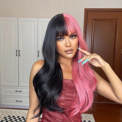 China Body Wave Pink and Black Long Wavy Synthetic Hair Wigs With Hair Two Tone Wig For Women Halloween Christmas Cosplay Heat Blow Resistant for sale