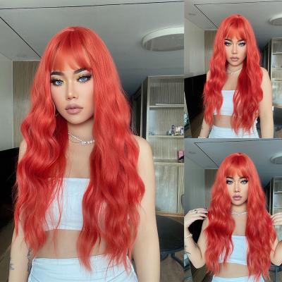 China Cosplay Deep Wave Long Orange Synthetic Lolita Wig Deep Wave Wig With Bang For Women Red Heat Resistant Hair Medium Part for sale